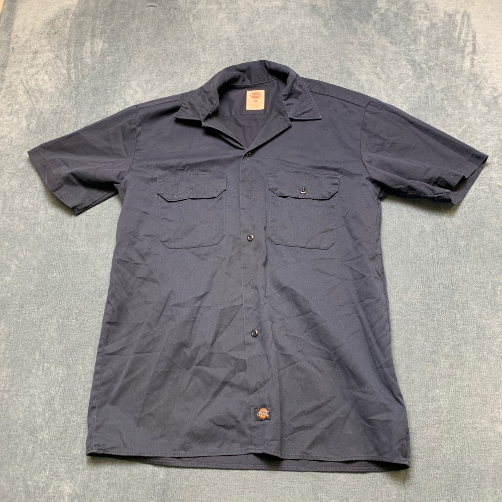 Dickies Work Shirt Mens Medium Blue Cotton Chest Pockets Logo Collared Button Up